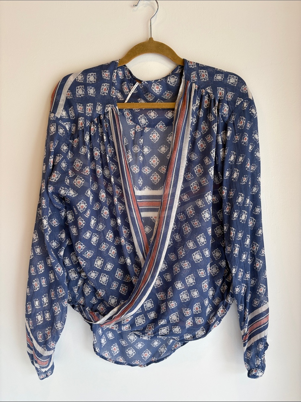 Free People Before Dawn Boho Navy Printed Surplice Blouse